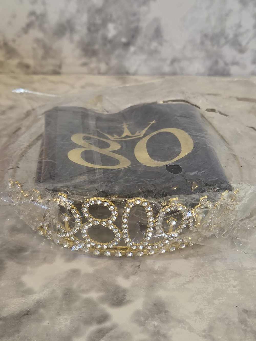 Gold Rhinestone '80' Birthday Tiara Crown, Pearl Pin & Black Sash Set
